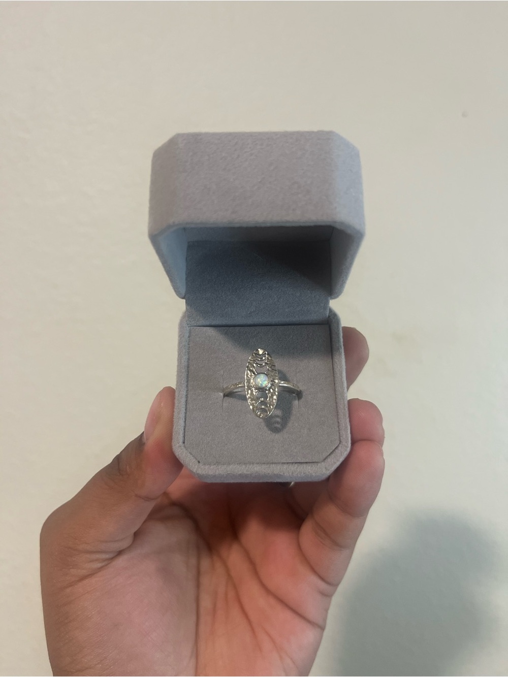 S925 Sterling Silver Opal Hammered Marquise Ring